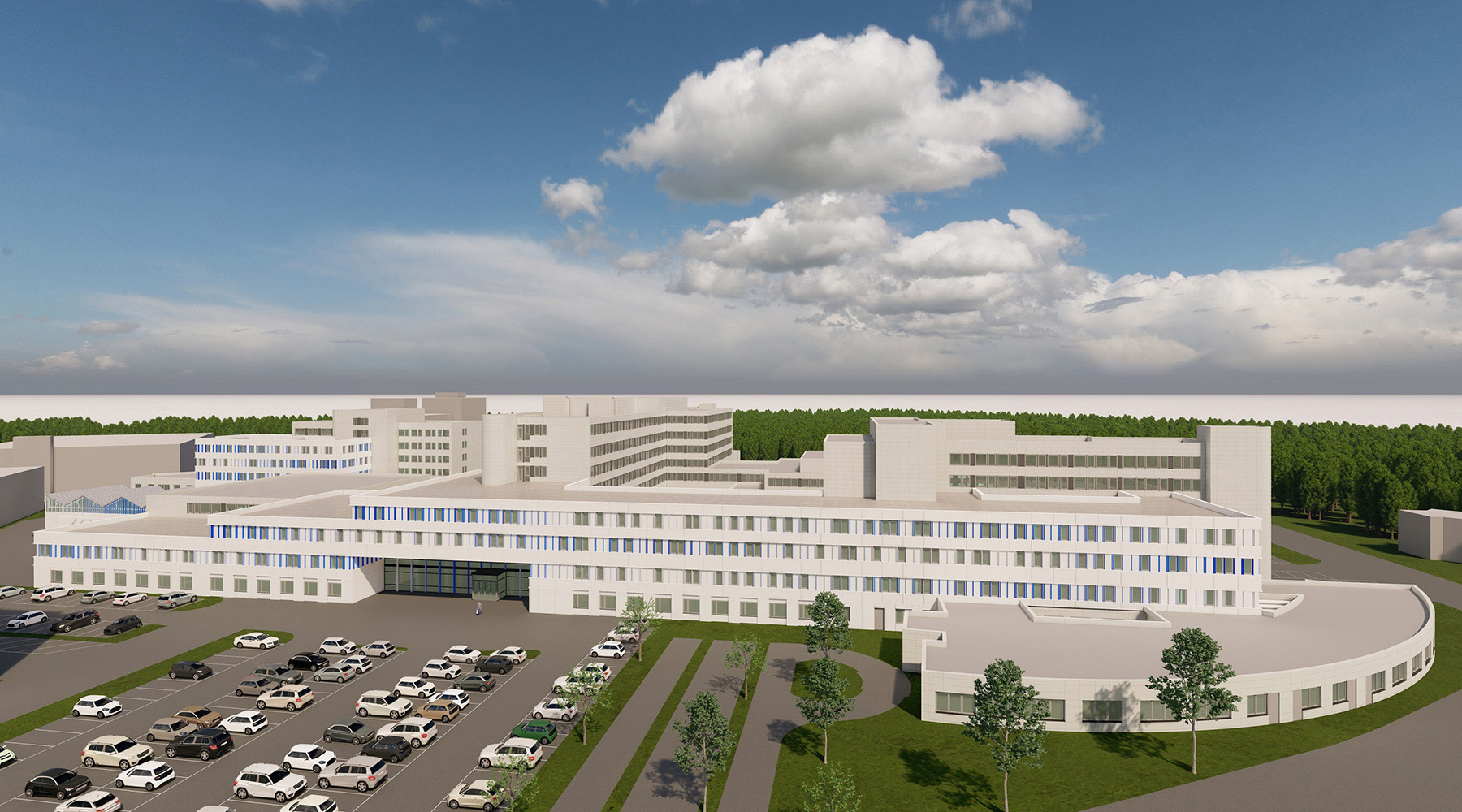 Machbarkeitsstudie/Zielplanung für die Sana Kliniken in Duisburg. 3D-Modell. Sehr breites Gebäude mit weißer Fassade, Eingangsbereich mit Fensterfront. Rechtes Erdgeschoss hat einen rund gebauten Flügel.