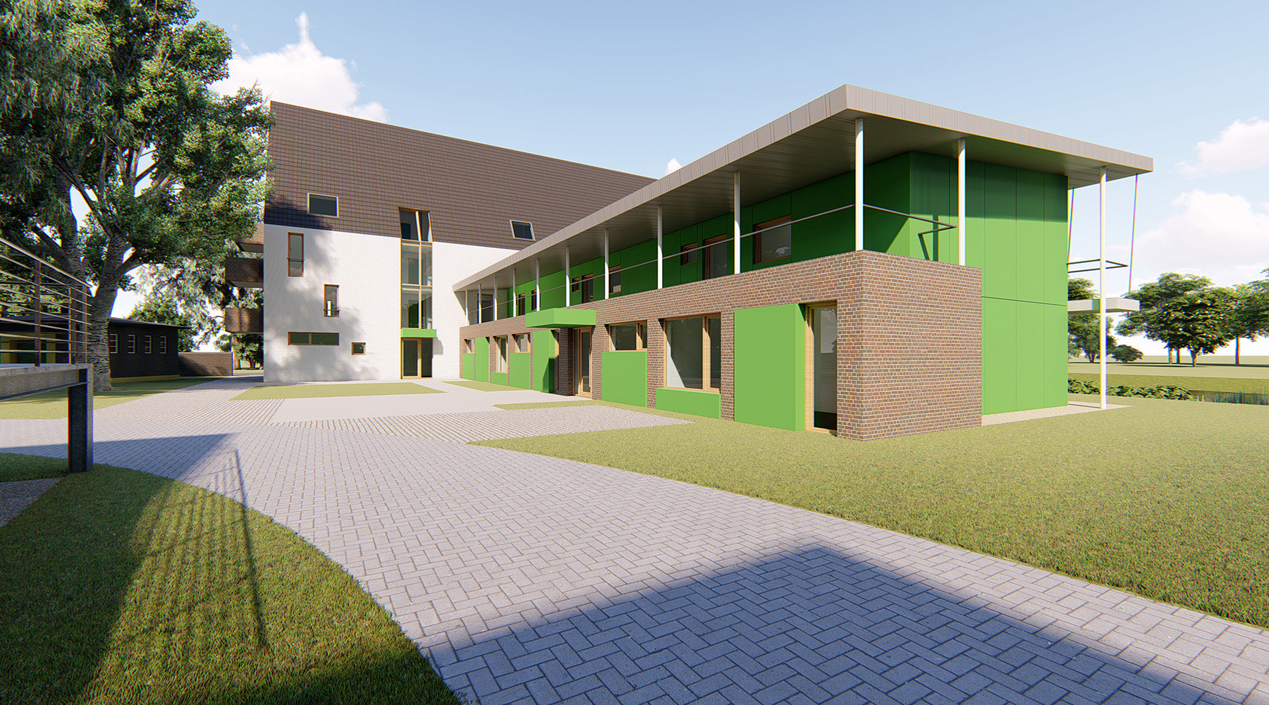 Altenpflegeheim in Aachen. 3D-CAD-Modell Seitenansicht. Grünes Gebäude mit Klinkerfassade am Erdgeschoss.