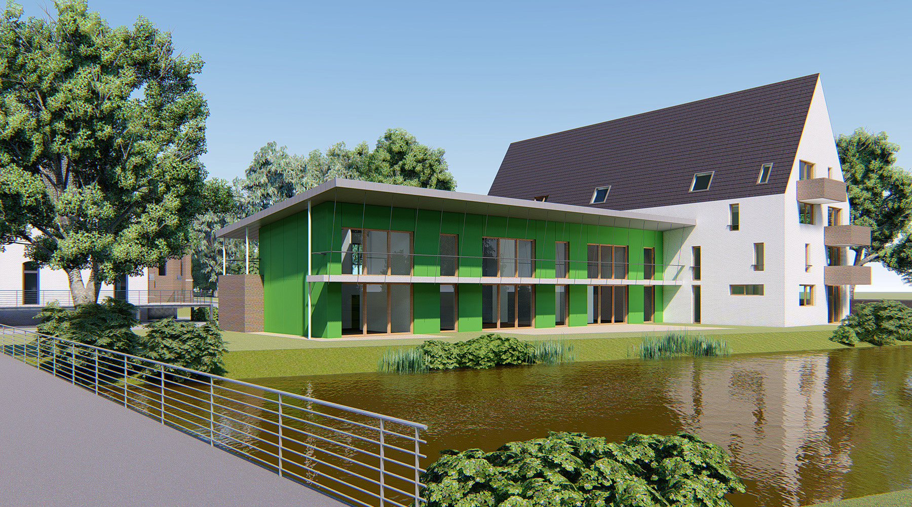 Altenpflegeheim in Aachen, grenzt an das Wasser. 3D-CAD-Modell. Grünes Gebäude, große Fenster mit braunem Rahmen, Flachdach. Angrenzendes Gebäude weiß mit Spitzdach und Balkonen.