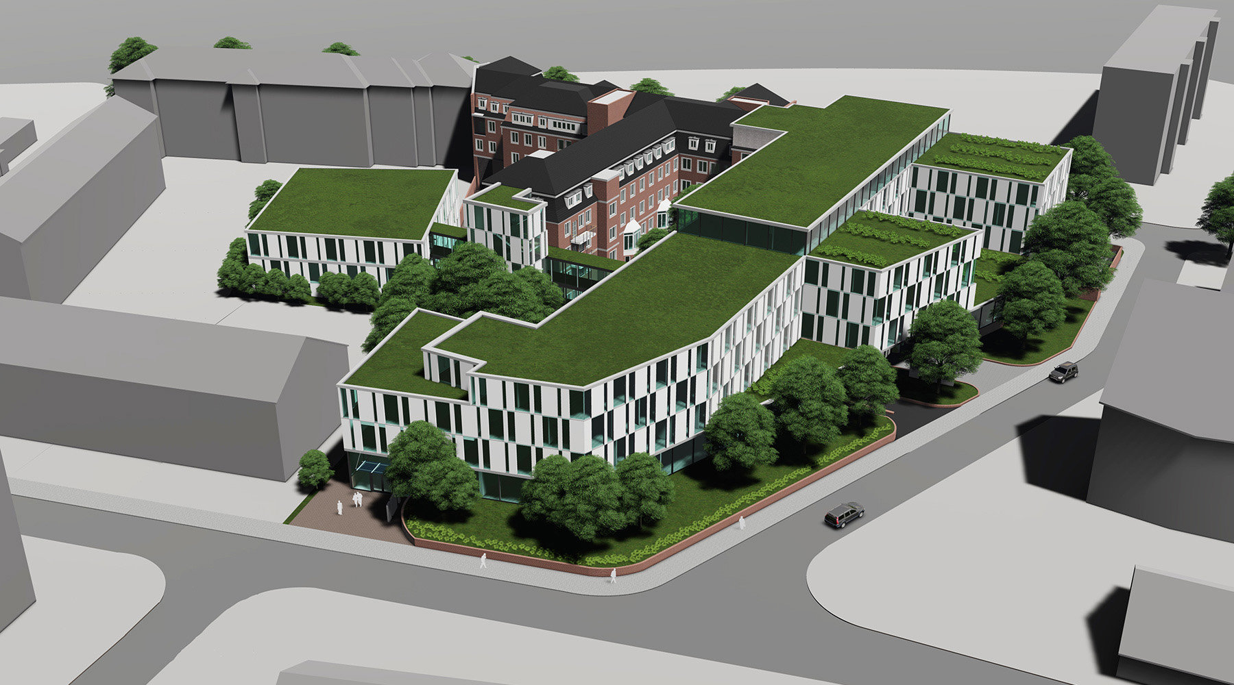 Klinikstandort in Düsseldorf. 3D-Modell. Weiße Gebäude mit grünbewachsenen Flachdächern.