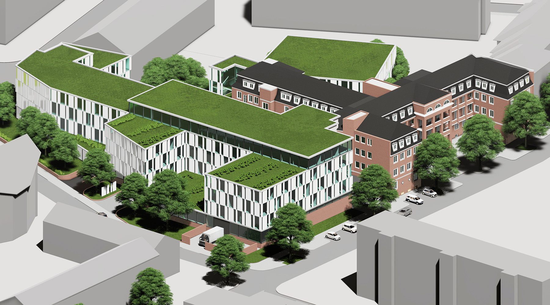 Klinikstandort in Düsseldorf. 3D-Modell. Weiße Gebäude mit grünbewachsenen Flachdächern. Rechts bestehendes Gebäude: Backstein mit schwarzen Dächern.