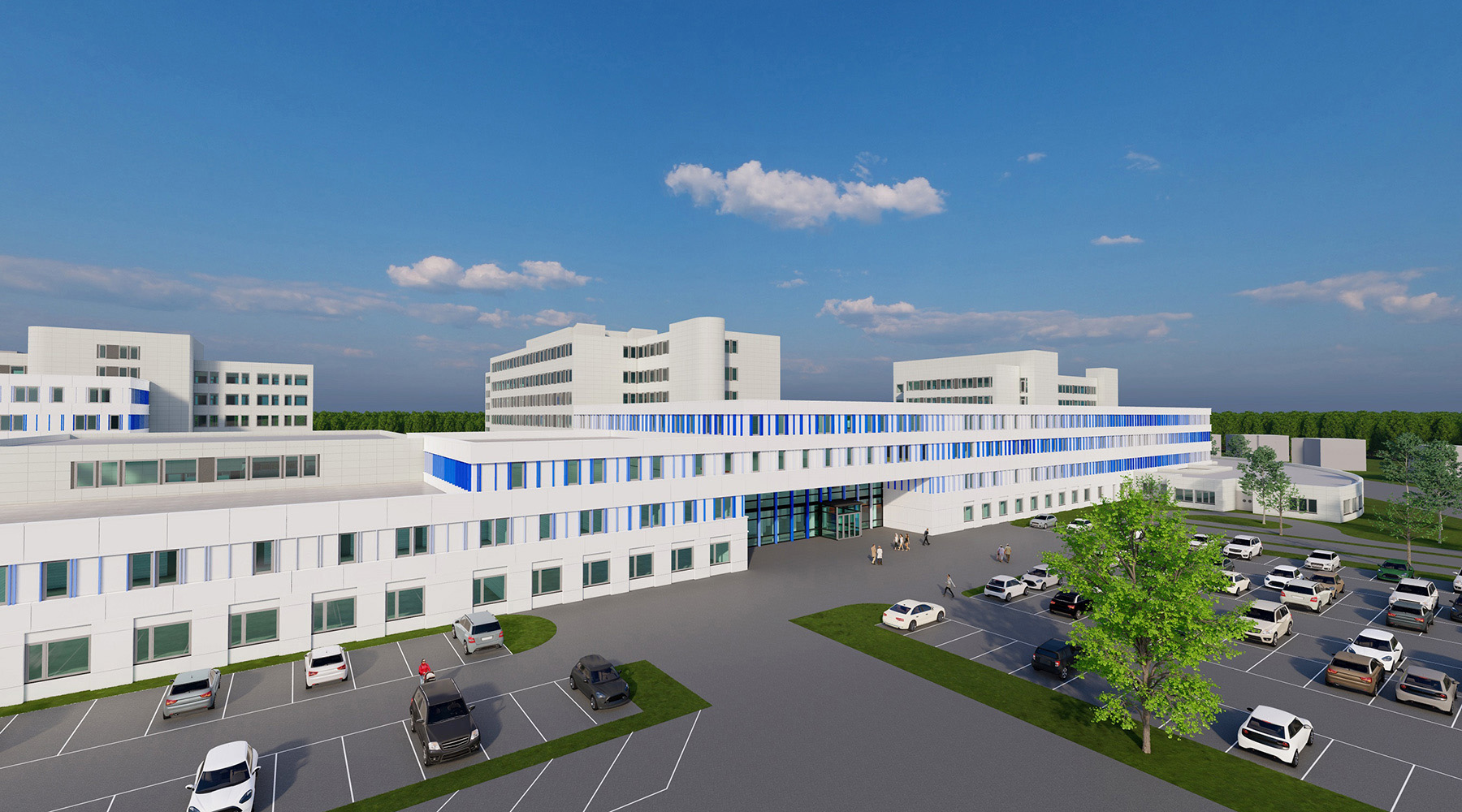 Machbarkeitsstudie/Zielplanung für die Sana Kliniken in Duisburg. 3D-Modell. Sehr breites Gebäude mit weißer Fassade, Eingangsbereich mit Fensterfront.