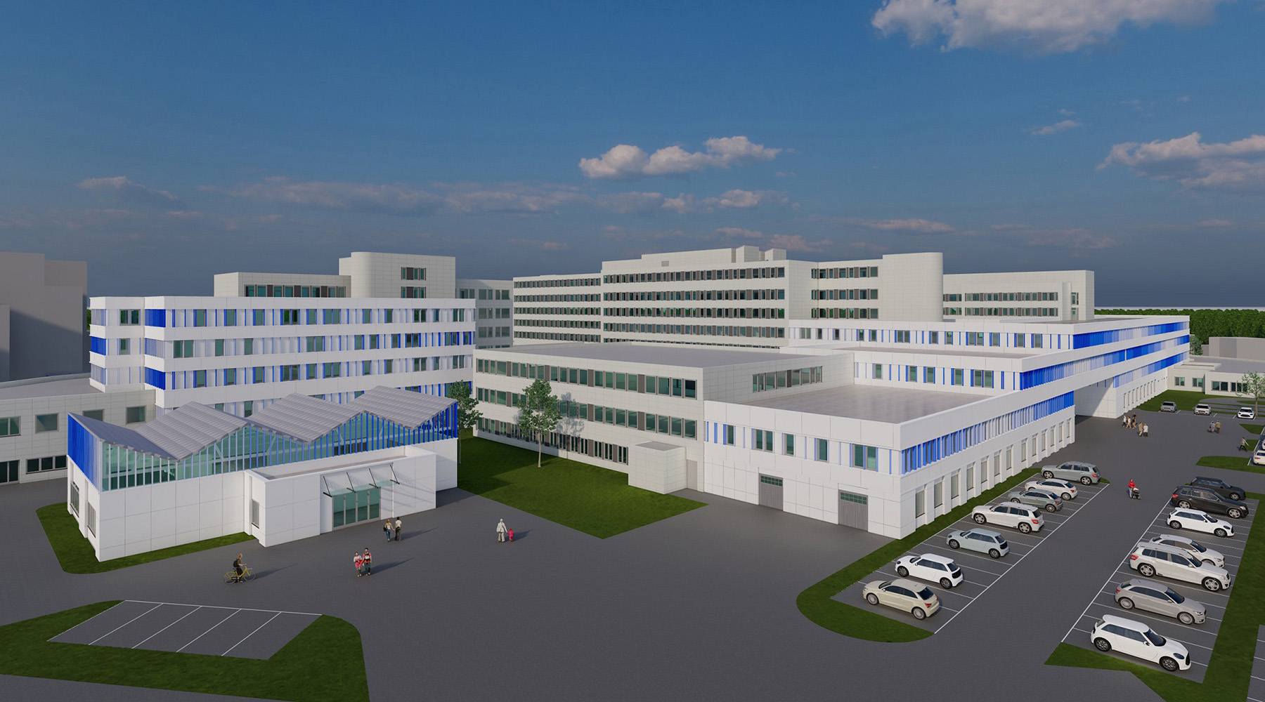 Machbarkeitsstudie/Zielplanung für die Sana Kliniken in Duisburg. 3D-Modell. Vershiedene Gebäudekomplexe, die sich in der Größe unterschieden. Davor ein Parkplatz.