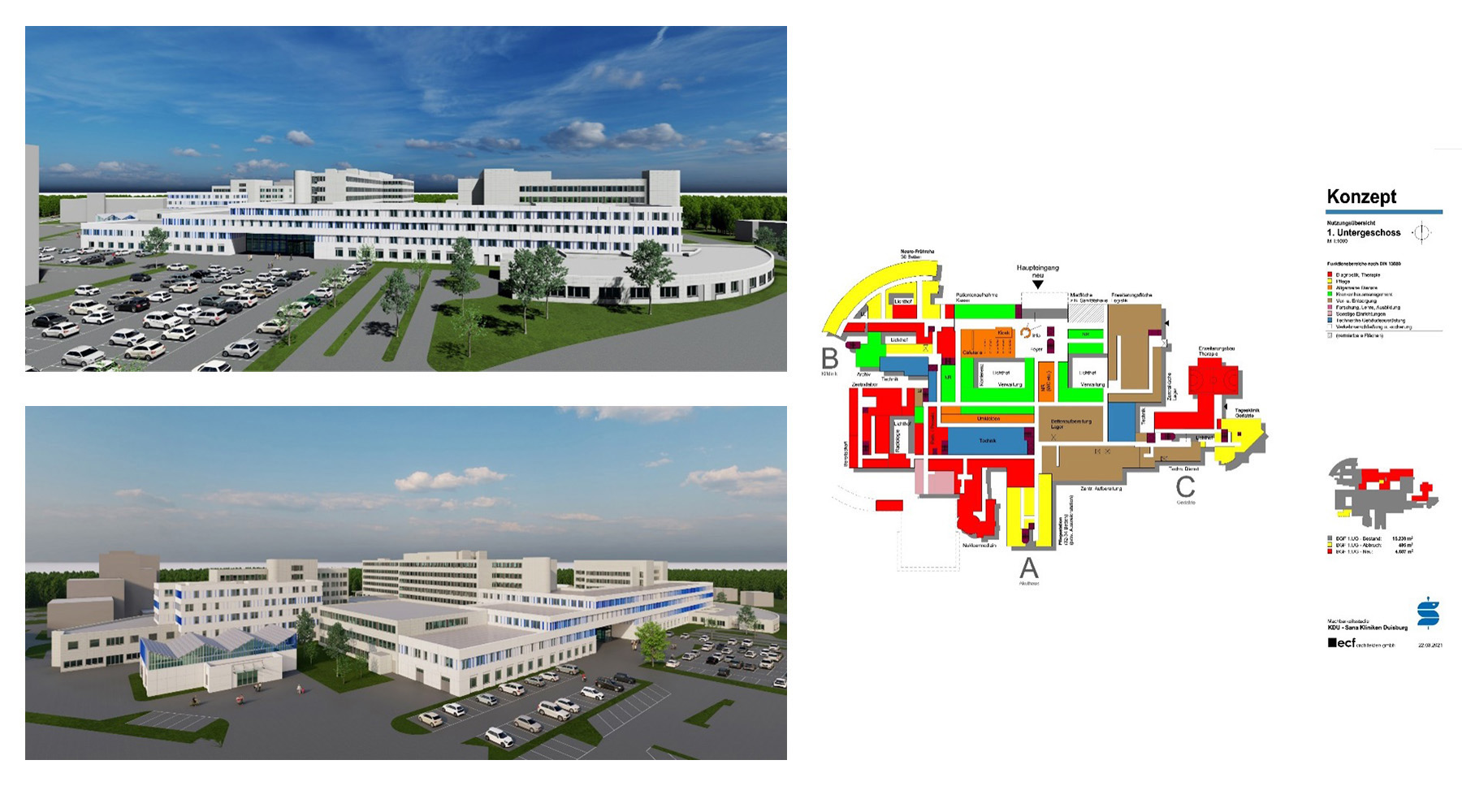 Machbarkeitsstudie/Zielplanung für die Sana Kliniken in Duisburg. Links 3D-Modell der Klinik, Rechts Gebäudekonzept.