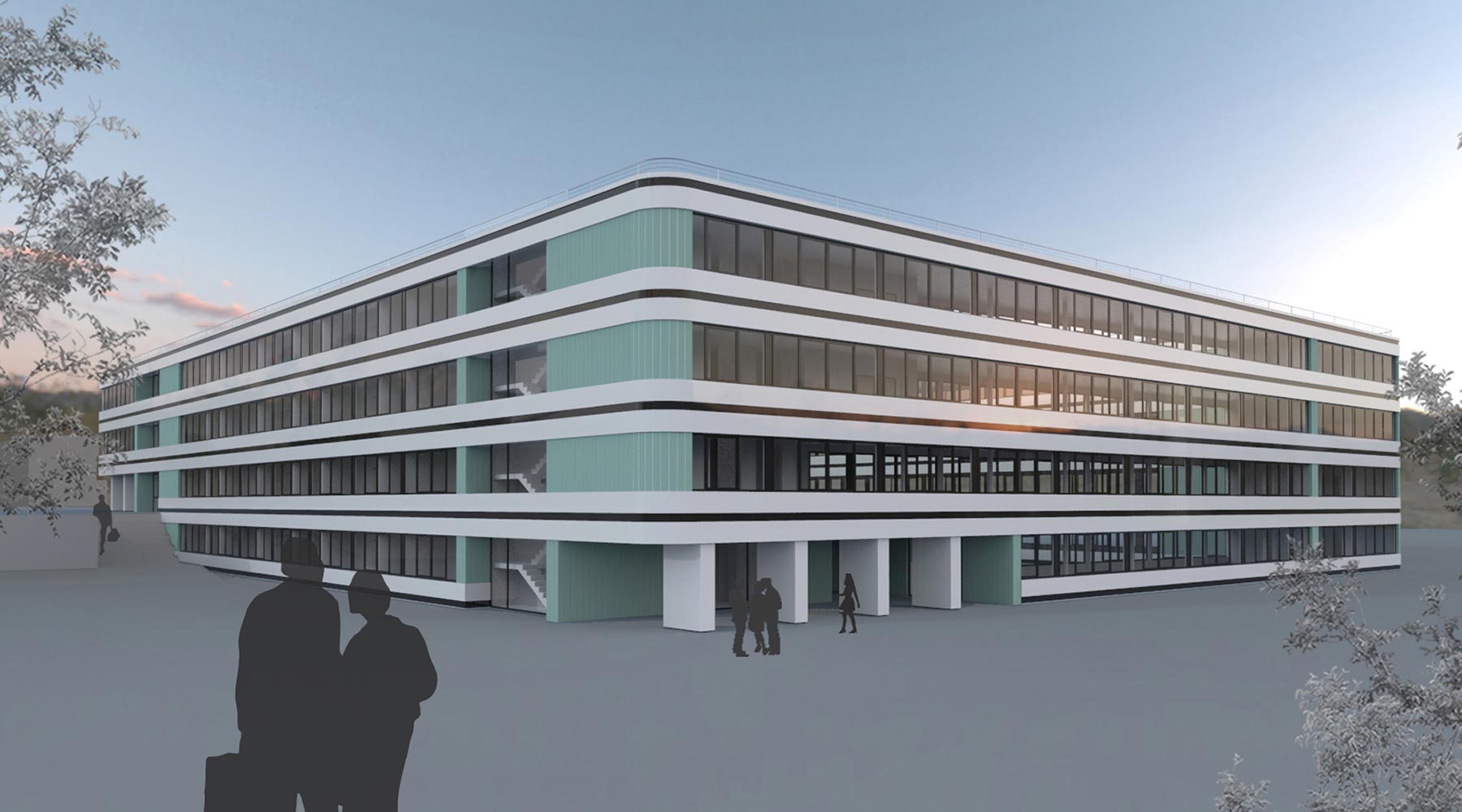 Machbarkeitsstudie für den Neubau eines Bürogebäudes in Aachen. 3D-CAD-Model des Gebäudes von außen. Rundecken, Fensterfassaden, Etagen durch weiße Elemente abgegrenzt, Farbakzente.