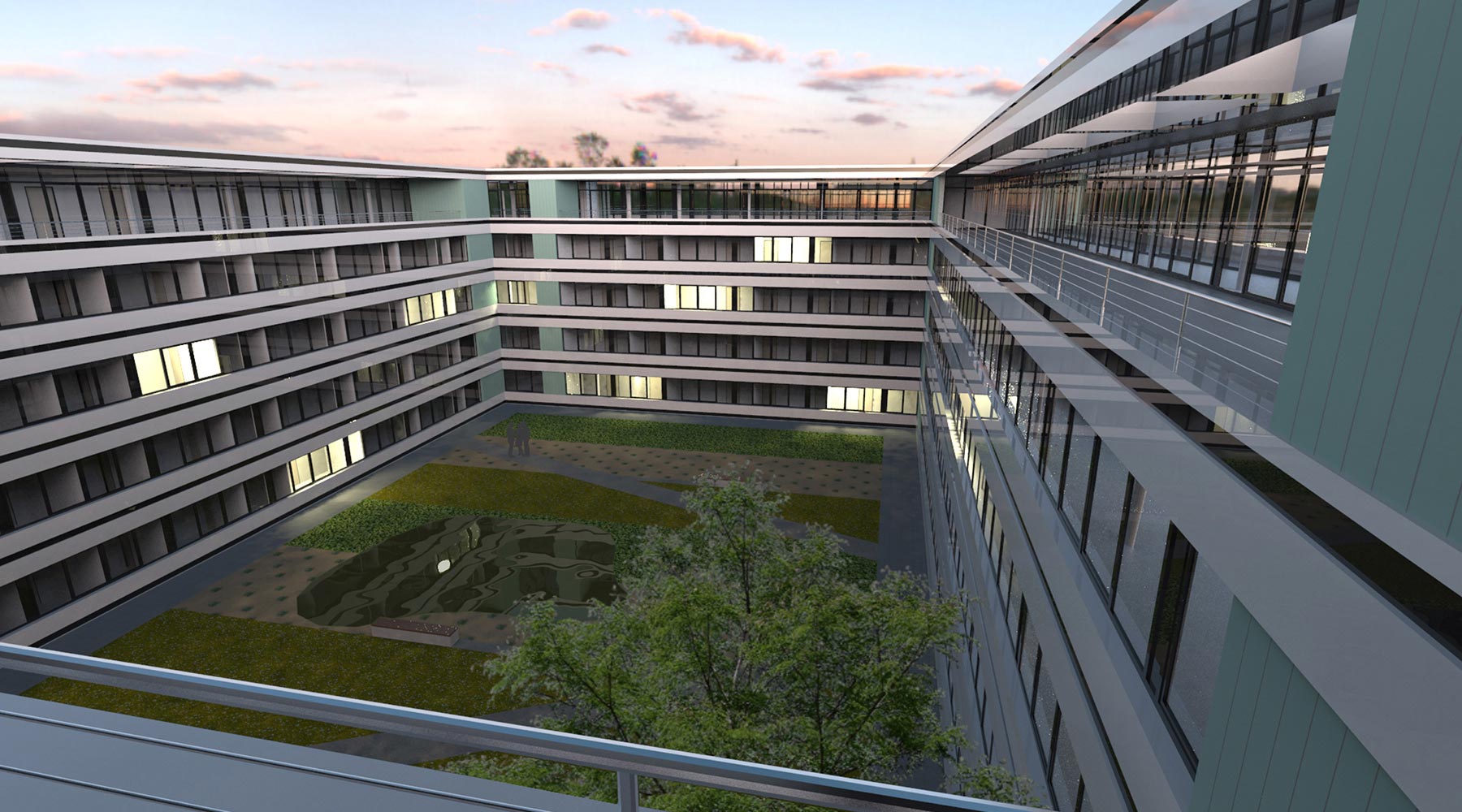 Machbarkeitsstudie für den Neubau eines Bürogebäudes in Aachen. 3D-CAD-Model mit Blick auf den Innenhof.