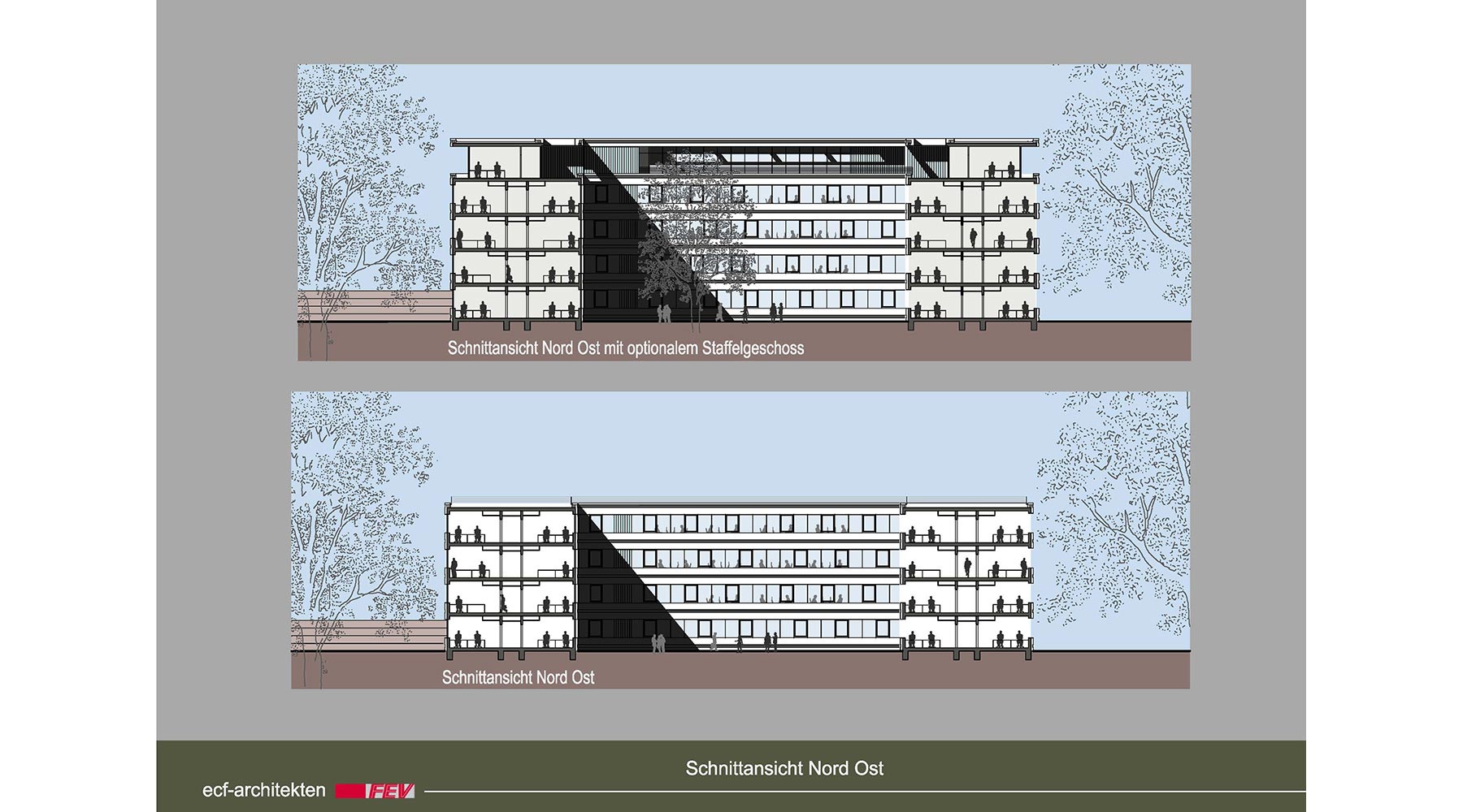 Machbarkeitsstudie für den Neubau eines Bürogebäudes in Aachen. Schnittansicht von Nord Ost. Oben mit optionalem Staffelgeschoss.